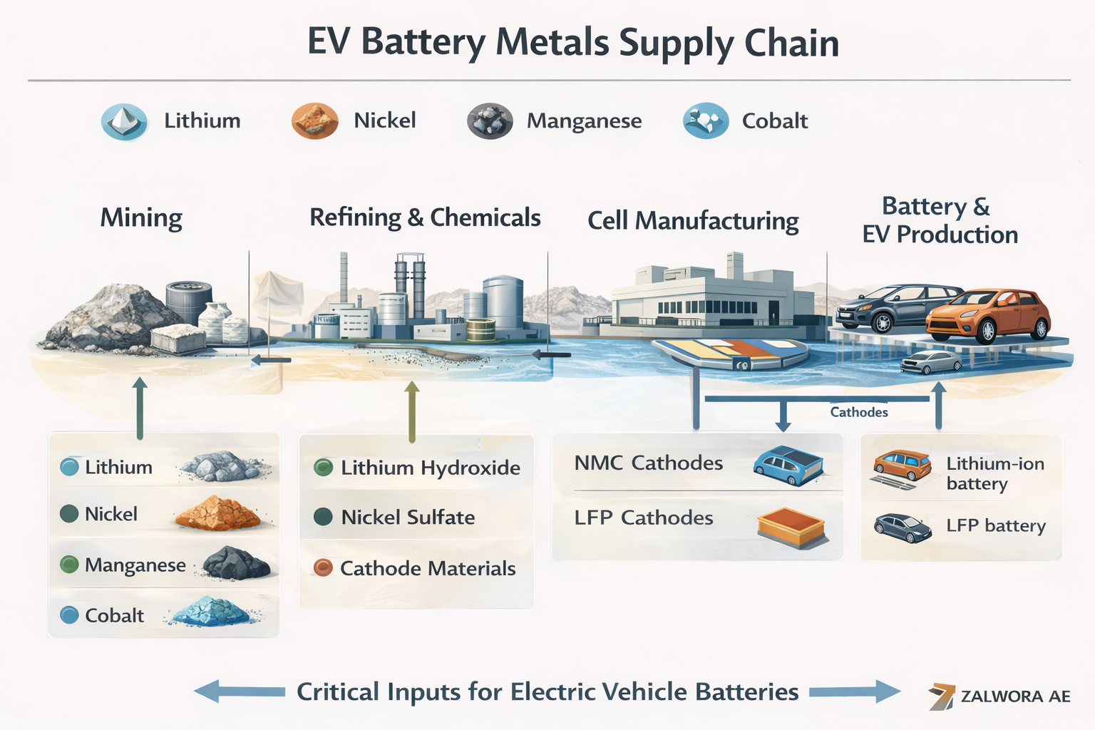 EV battery metals supply chain infographic showing mining, refining, cell manufacturing, and EV production